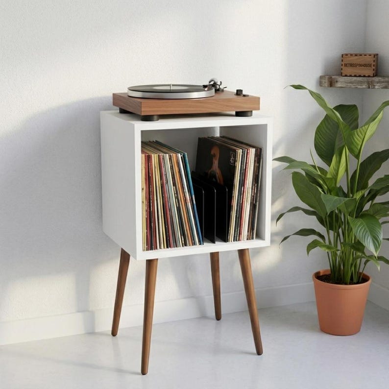 Mid Century Modern Vinyl Record Player Stand, Wooden LP Storage