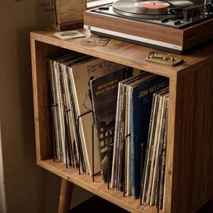 Mid Century Modern Vinyl Record Player Stand, Wooden LP Storage