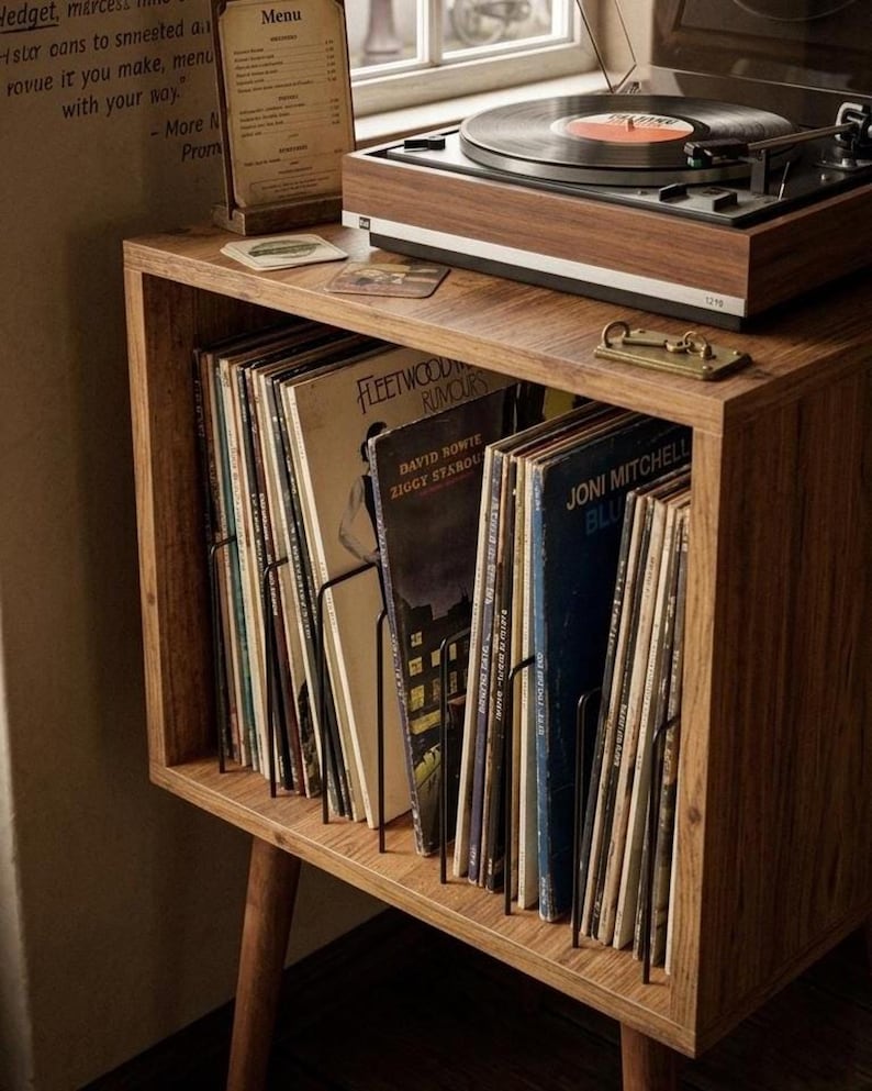 Mid Century Modern Vinyl Record Player Stand, Wooden LP Storage