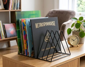 Desktop Record Rack, Black Metal Triangle Vinyl Stand, Minimalist LP Storage, 8 Individual Record Compartments, Holds 30+ Vinyl Records