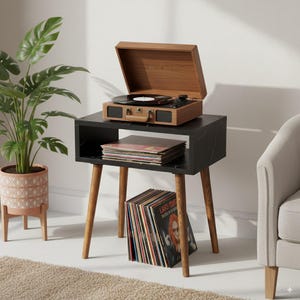Mid Century Black Marble Vinyl Record Stand: Compact Turntable Table with Wooden Legs