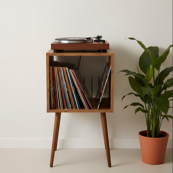Mid Century Modern Vinyl Record Player Stand, Wooden LP Storage