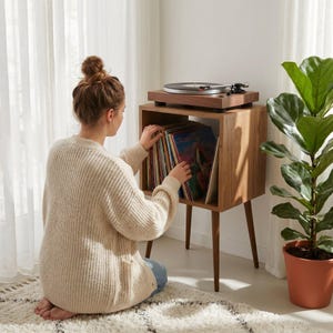 Mid Century Modern Vinyl Record Player Stand, Wooden LP Storage