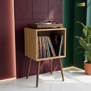 Personalized Retro Vinyl Record Player Stand, Mid Century Modern LP Storage