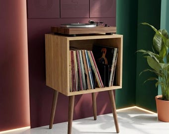 Personalized Retro Vinyl Record Player Stand, Mid Century Modern LP Storage