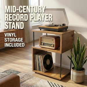 Turntable Stand with Vinyl Storage, Modern Record Player Stand, Compact LP Record Storage Unit, Wooden Audio Rack, Mid Century Style