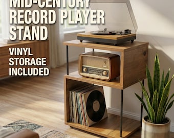 Support pour tourne-disque vinyle style années 50, rangement en bois pour disques vinyles.
