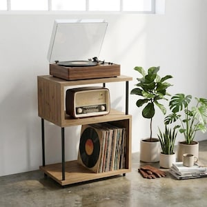 Schallplattenständer mit Namen, Eichenoptik, kompakter LP-Ständer, minimalistisches Vinylregal