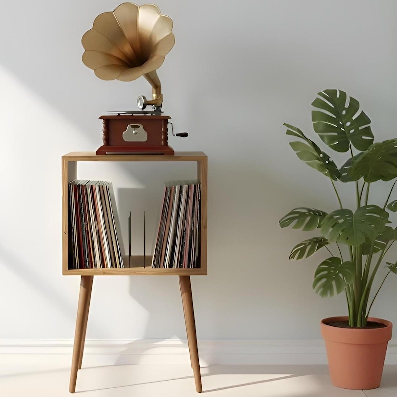 Mid Century Modern Vinyl Record Player Stand, Wooden LP Storage