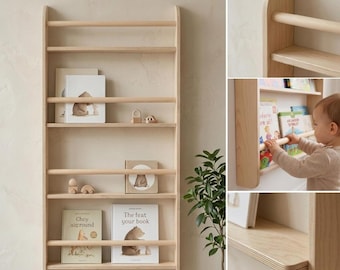 Birch Wood Slim Wall Shelf, Front Facing Books, Triple Record Ledge.