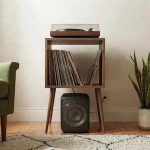 Compact Vinyl Record Stand with LP Dividers, Mid Century Modern Turntable Table, Small Space Storage, 31.5" x 18" x 18"