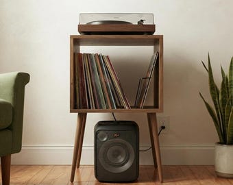 Compact Vinyl Record Stand with LP Dividers, Mid Century Modern Turntable Table, Small Space Storage, 31.5" x 18" x 18"
