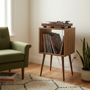 Mid Century Modern Vinyl Record Player Stand, Wooden LP Storage