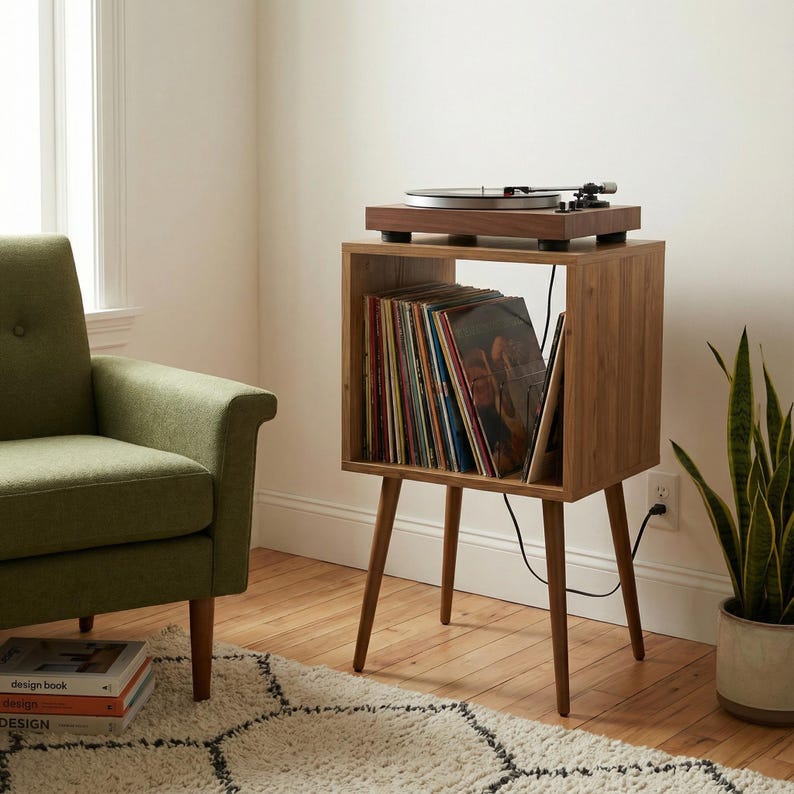Mid Century Modern Vinyl Record Player Stand, Wooden LP Storage