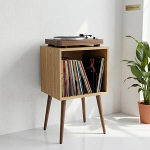 Mid Century Modern Vinyl Record Player Stand, Wooden LP Storage