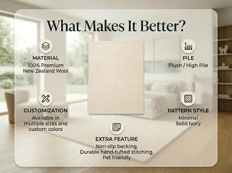 Product infographic for a premium hand-tufted ivory rug made of 100% New Zealand wool, detailing features like high plush pile, non-slip backing, pet-friendly durability, and custom size availability.