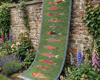 Koi Fish Runner Rug: Green Colorful Carpet Handmade Wool Area Rug