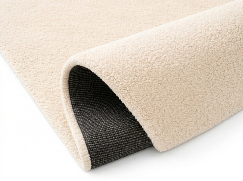 A close-up detail shot of a cream hand-tufted rug showing the soft, dense wool pile and the durable, non-slip grey canvas backing for enhanced floor protection and safety.