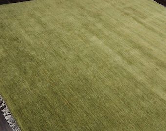 Hand knotted Olive Green Wool Rug - Solid Modern Area Rug