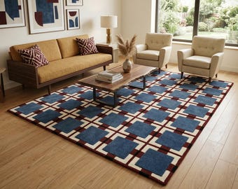 Hand-Tufted Geometric Wool Rug – Blue Burgundy Modern Square Pattern Area Carpet