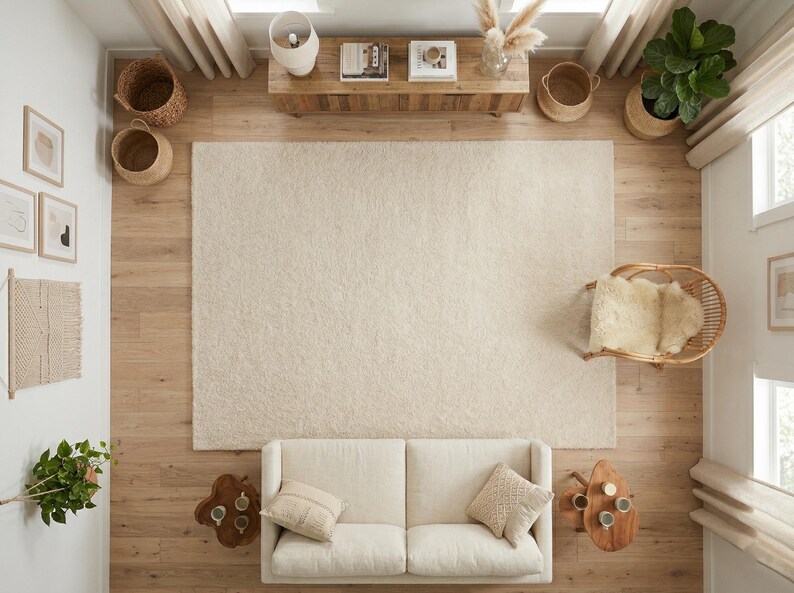 Top-down view of a plush, cream-colored hand-tufted shag rug styled in a modern bohemian living room with a neutral sofa, wooden furniture, and natural woven accents.