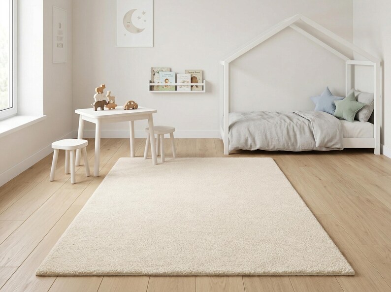 A soft ivory hand-tufted rug in a minimalist Scandinavian-style nursery with a white house-shaped toddler bed, small play table, wooden toys, and light oak flooring.