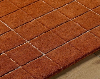 Rust Orange Geometric Grid Pattern Rug - Cozy Vibe