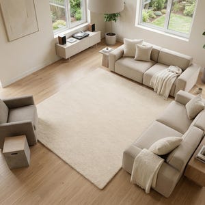High-angle perspective of a large, ivory hand-tufted wool rug anchoring an open-concept living space with contemporary seating, large windows, and a warm, organic interior design style.