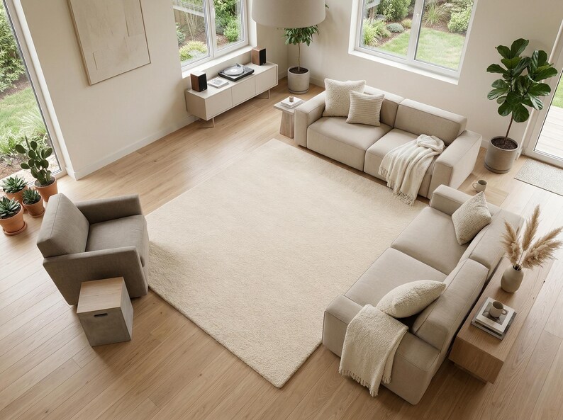High-angle perspective of a large, ivory hand-tufted wool rug anchoring an open-concept living space with contemporary seating, large windows, and a warm, organic interior design style.