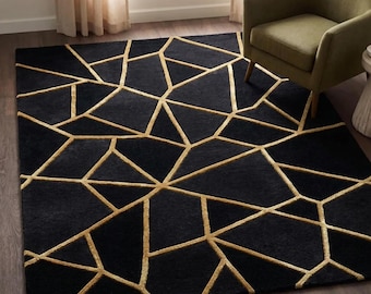 Hand Tufted Wool Geometric Rug, Black Gold Abstract Area Carpet