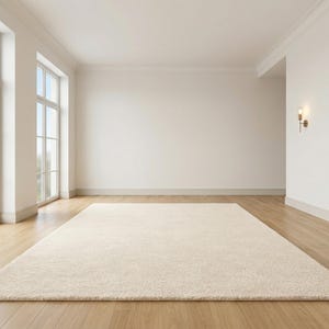 A large ivory hand-tufted area rug centered in an empty, bright modern room with light wood floors, high ceilings, and large windows, showcasing a minimalist aesthetic perfect for new home staging.