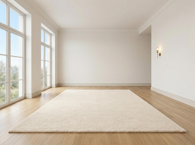 A large ivory hand-tufted area rug centered in an empty, bright modern room with light wood floors, high ceilings, and large windows, showcasing a minimalist aesthetic perfect for new home staging.