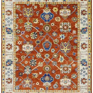 Vibrant Red Oushak Rug Multicolor Intricate Floral Pattern with White Accents Modern Hand knotted Oushak Rug, Premium Quality Wool Rug