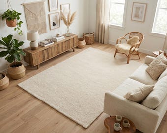 Tapete de lã tufado à mão na cor marfim, tapete minimalista e macio em tons neutros, decoração suave para sala de estar.