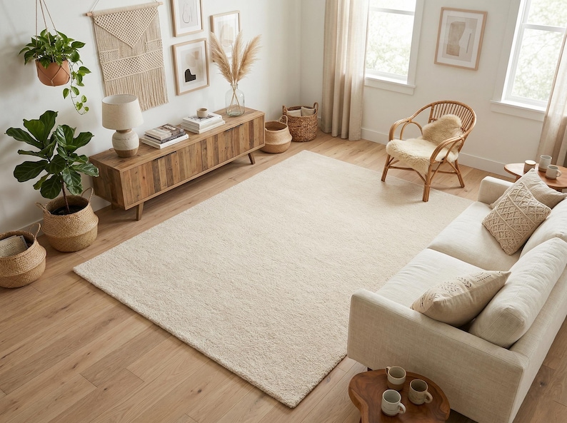 A bright, high-angle view of a cream hand-tufted rug in a bohemian-style living room featuring a rattan accent chair, macrame wall hanging, and light oak wood floors for an organic modern aesthetic.