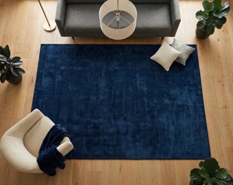 Hand Tufted Navy Wool Rug, Plush Modern Area Carpet, Luxury Living Room Decor