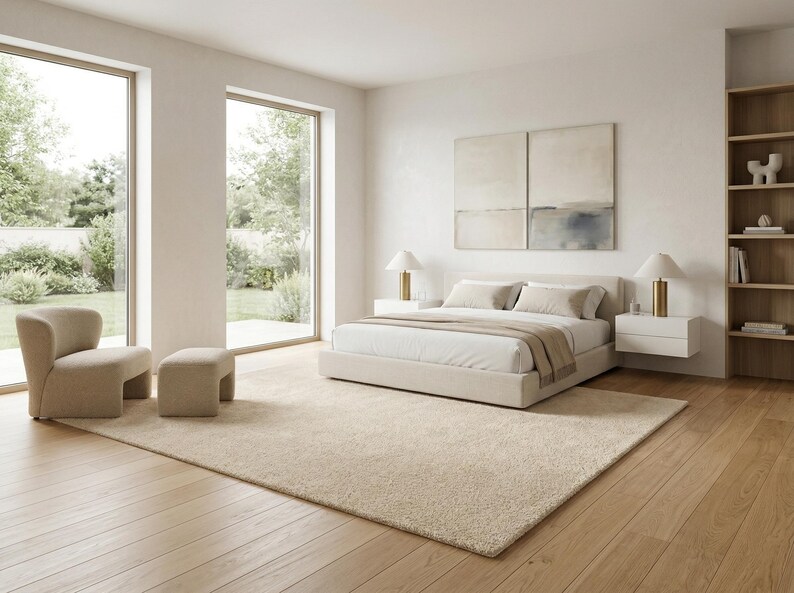 A large beige hand-tufted area rug layered under a modern bed in a sun-drenched minimalist bedroom featuring neutral tones, a cozy accent chair, and light oak wood flooring.