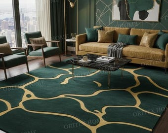 Luxury Emerald Green Hand-Tufted Abstract Gold Carpet | Custom Size Living Room Decor