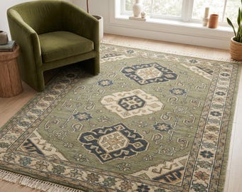 Olijfgroen handgeknoopt tapijt, vintage tribal wollen tapijt, geometrisch tapijt, neutraal boho-tapijt, woonkamertapijt, vloerkleed aangepast formaat