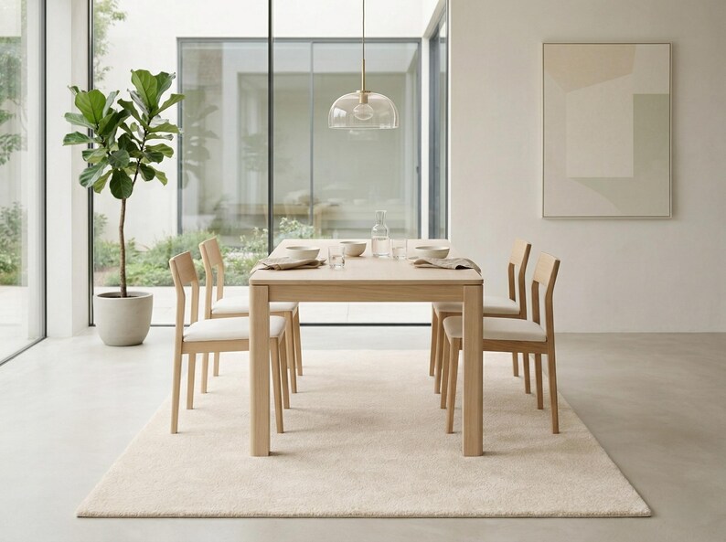 A soft ivory hand-tufted area rug placed under a modern light wood dining table and chairs in a minimalist, sunlit dining room with floor-to-ceiling windows and a large fiddle leaf fig plant.