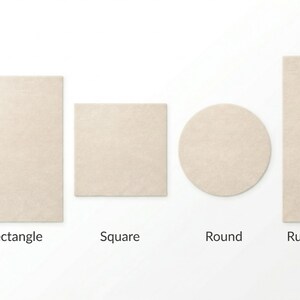 A comparison guide of ivory hand-tufted rug shapes including rectangle, square, round, and runner options, illustrating the versatile custom sizing available for hallways and living spaces.