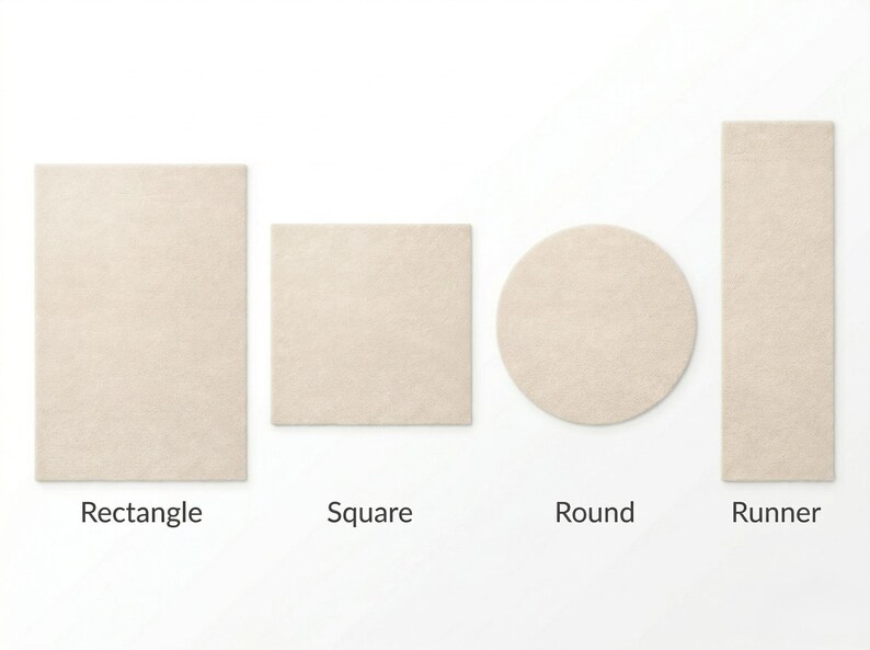 A comparison guide of ivory hand-tufted rug shapes including rectangle, square, round, and runner options, illustrating the versatile custom sizing available for hallways and living spaces.
