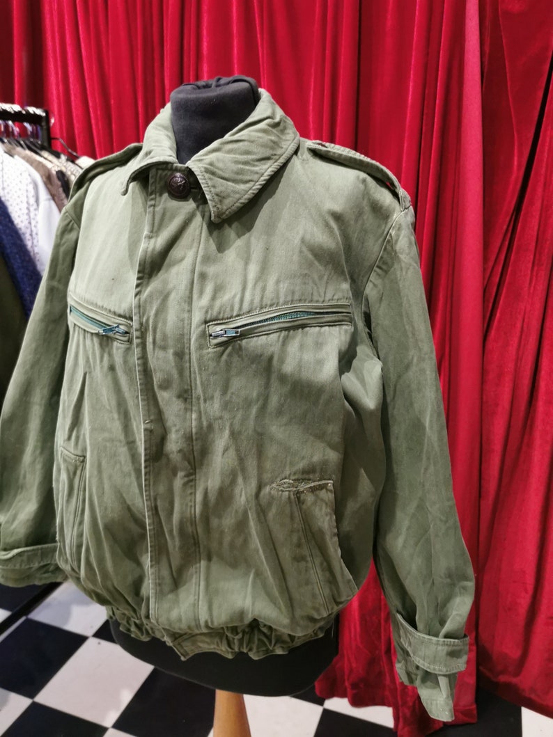 Vintage 1970s Khaki Green Unisex Cotton Military Cargo Style Bomber Jacket