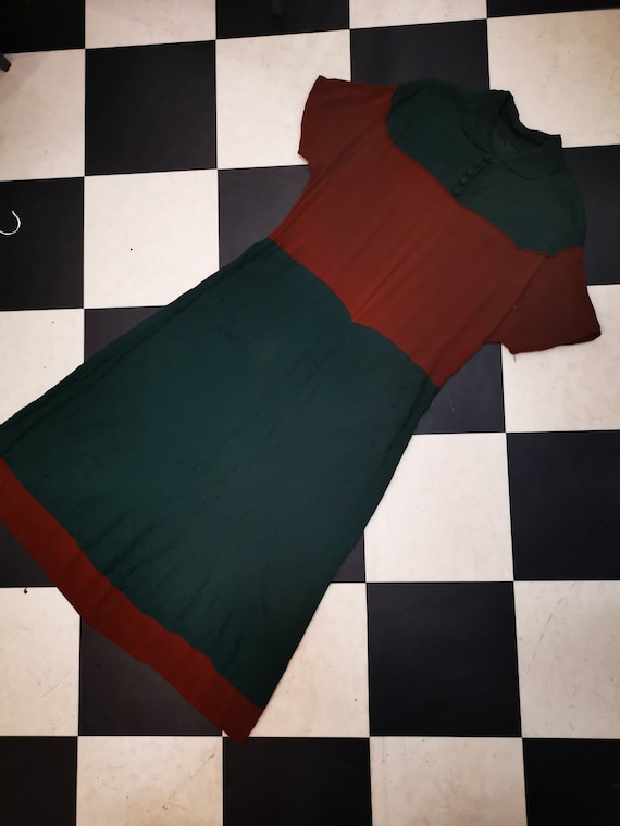 Vintage 1940s Crepe Burgundy & Forest Green Tea Dr