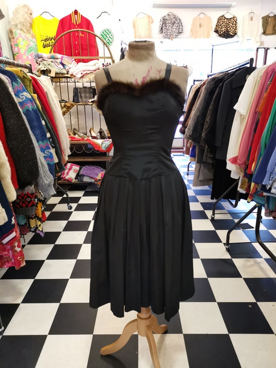 Vintage 1950s Black Fur Trimmed Swing Dress