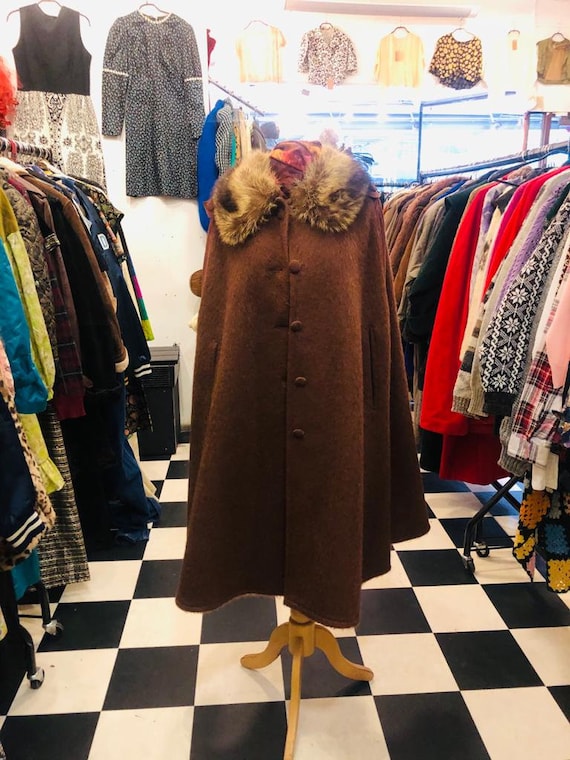 Vintage 1970s Felted Mohair Brown Cape w/ Suede Sh