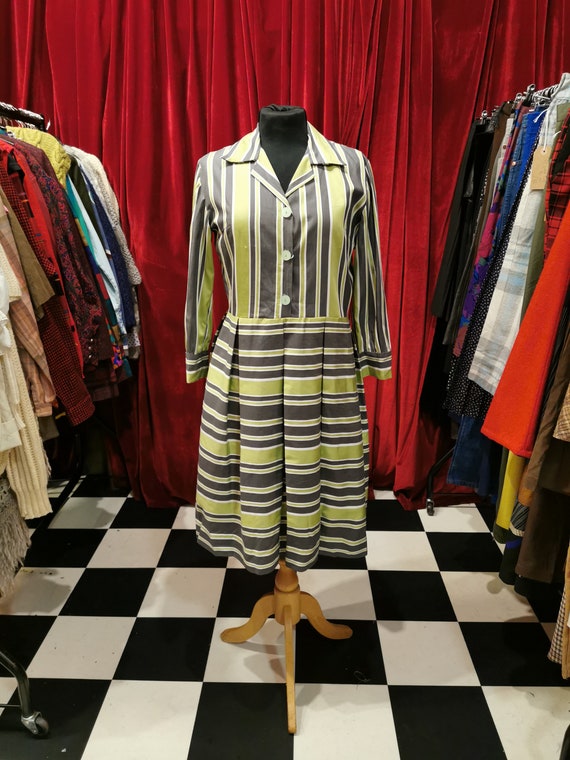 Vintage 1950s Pleated Lime Green & Grey Striped Sh