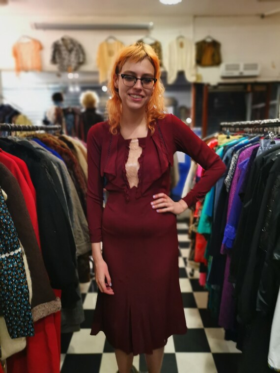Vintage 1930s Burgundy & Cream Silk Crepe Tea Dres