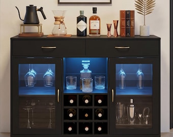 Knoworld Black LED Wine Bar Cabinet, Modern Liquor Sideboard with Glass Holder