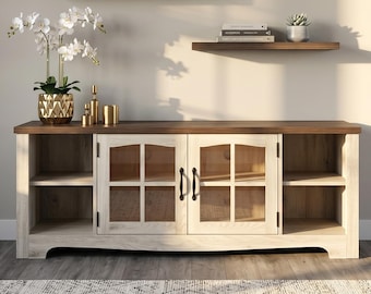 Farmhouse TV Stand for 65 TV, Wood Entertainment Center with Glass Doors, Adjustable Shelves